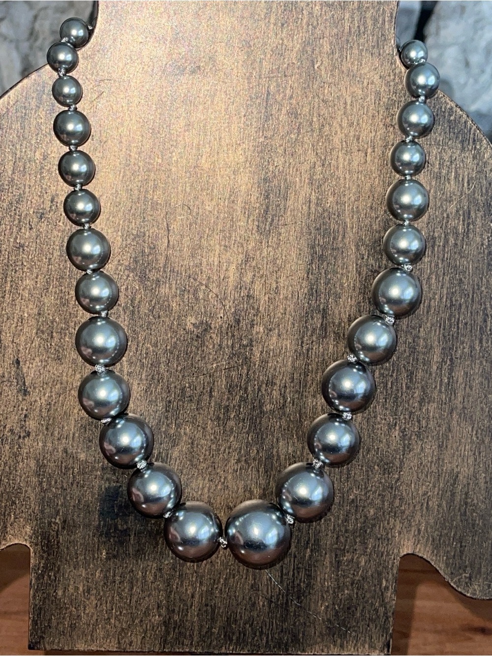 Chico's Metallic Gunmetal Gray Graduated Faux Pearl Bead Necklace